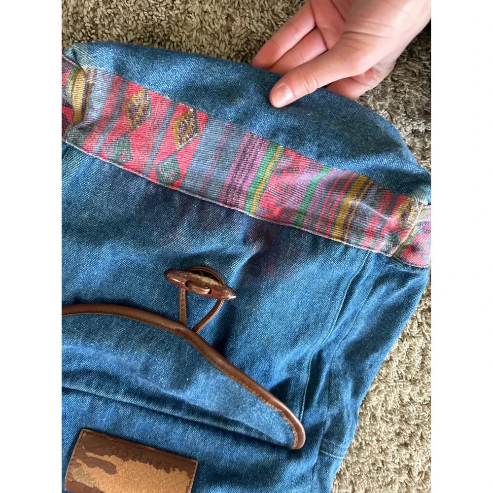 Vintage Denim‎ Backpack Blue Western Aztec Boho Wood Toggle Faux Leather Trim